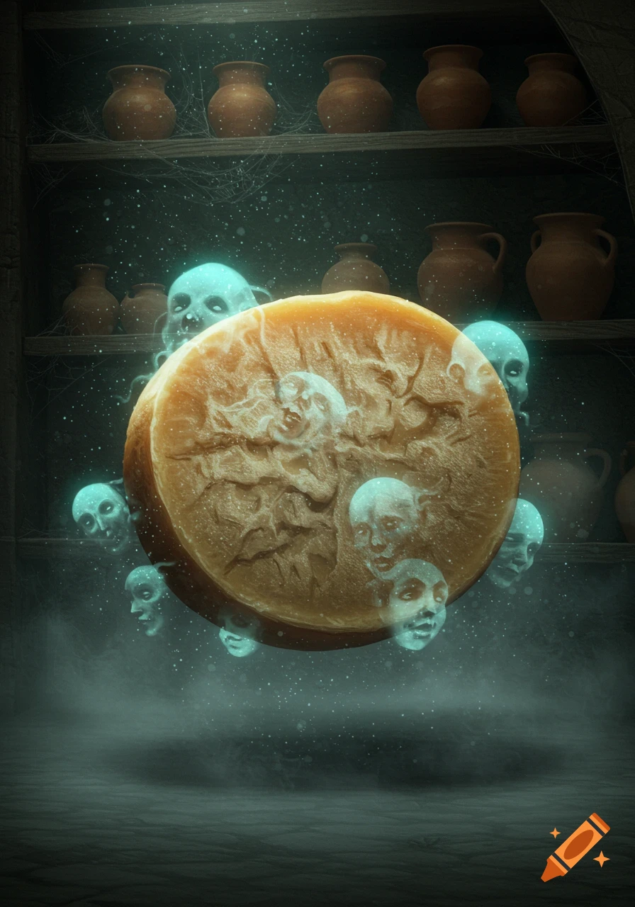 A ghostly, textured cheese wheel surrounded by pale blue spectral faces floats in a dusty, dimly lit cellar with pots on shelves.