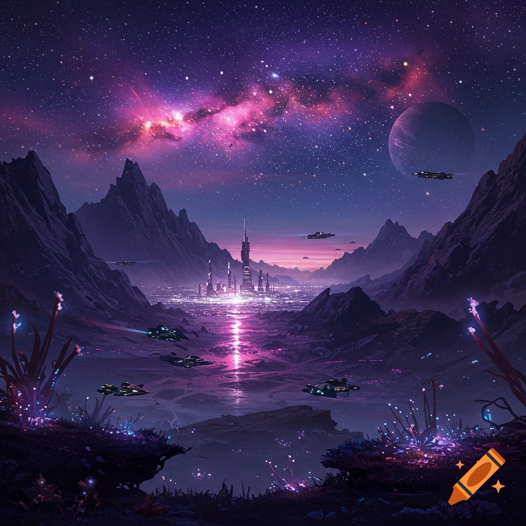 A vibrant futuristic city nestled between dark mountains under a purple and pink nebula sky, with a large planet, flying vehicles, and glowing alien plants.