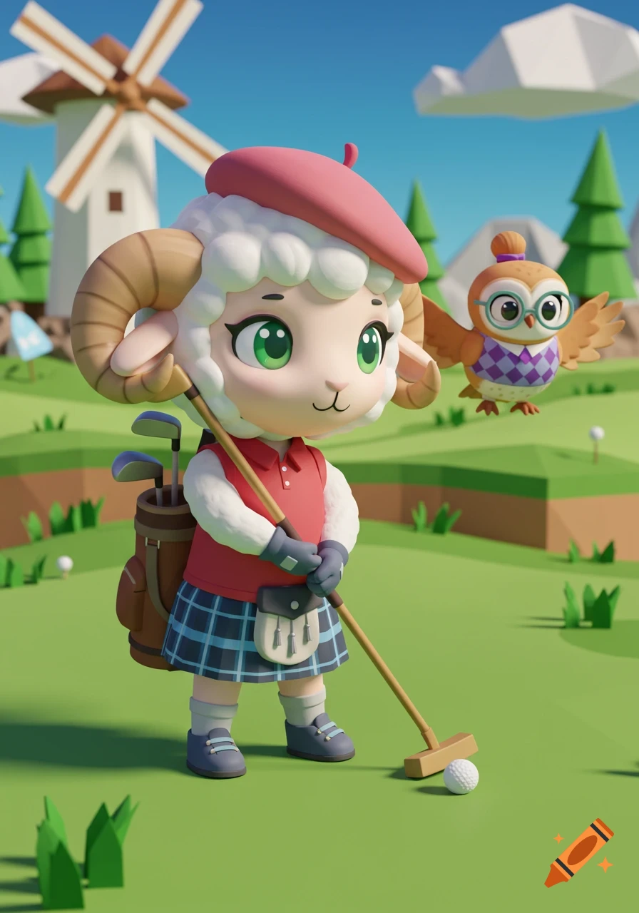 A cute chibi lamb in a pink beret and plaid kilt holds a golf putter on a low poly golf course with a flying owl and windmill.