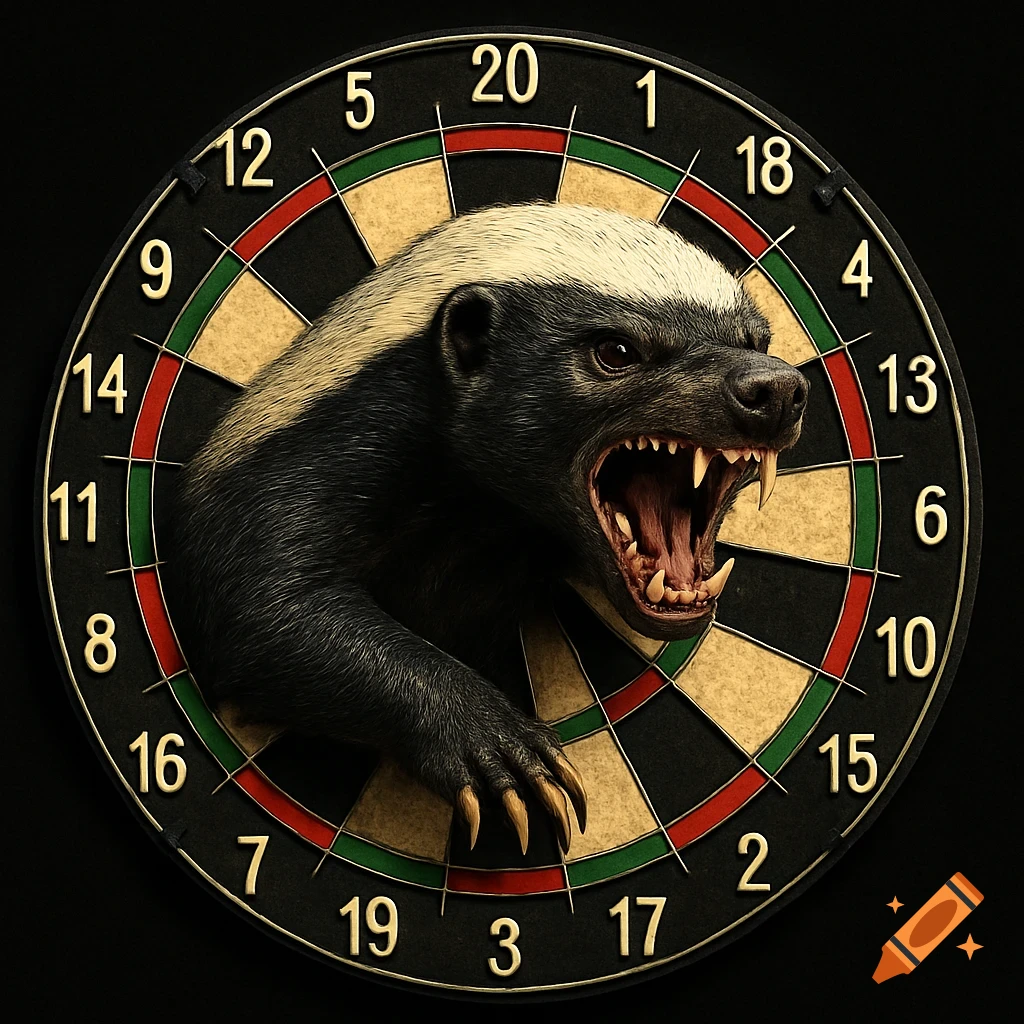 An aggressive honey badger with bared teeth emerges from the center of a dartboard, set against a black background.