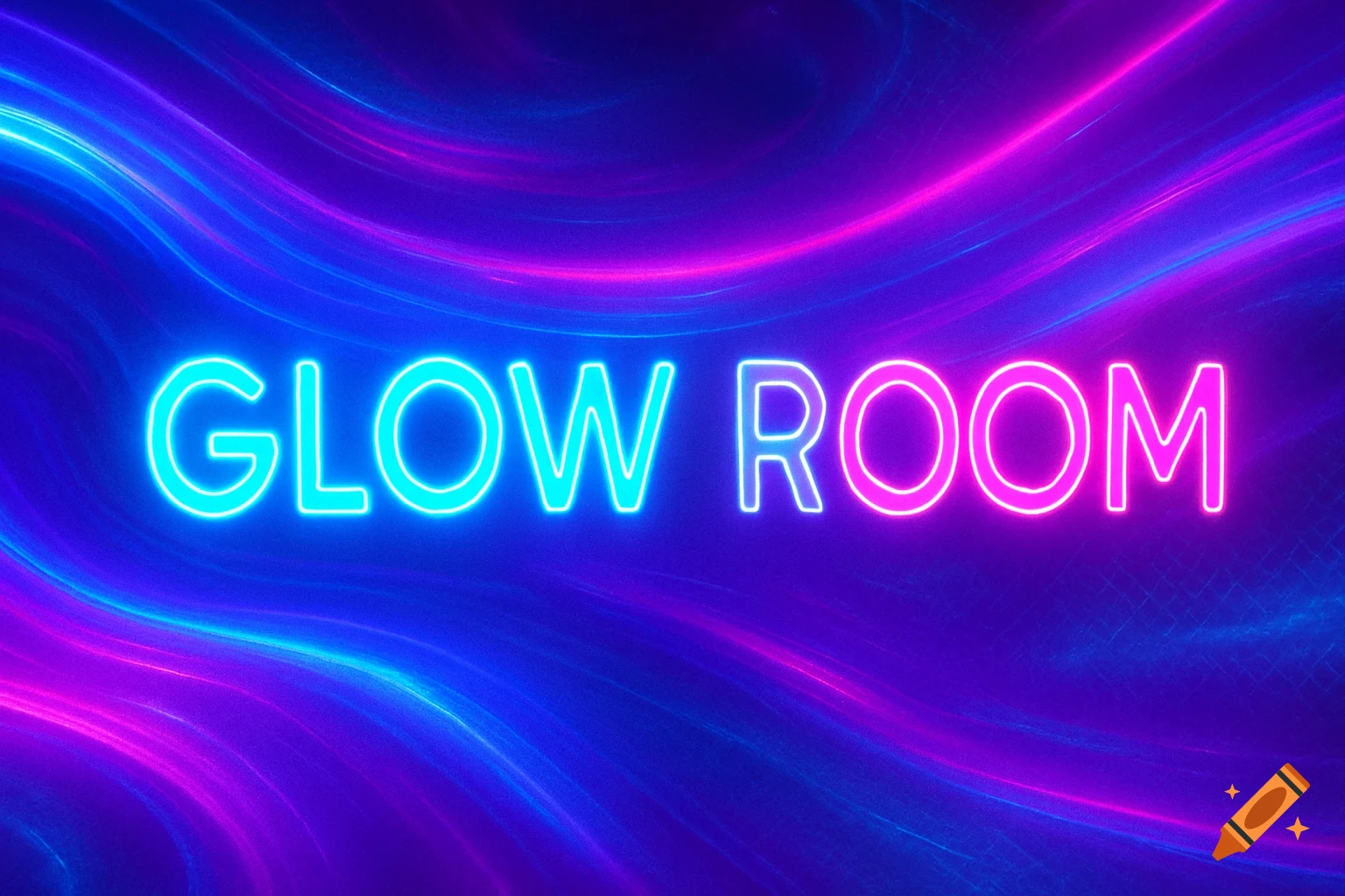 Neon sign with 'GLOW ROOM' text in cyan and magenta on an abstract background of swirling blue and purple glowing lines.