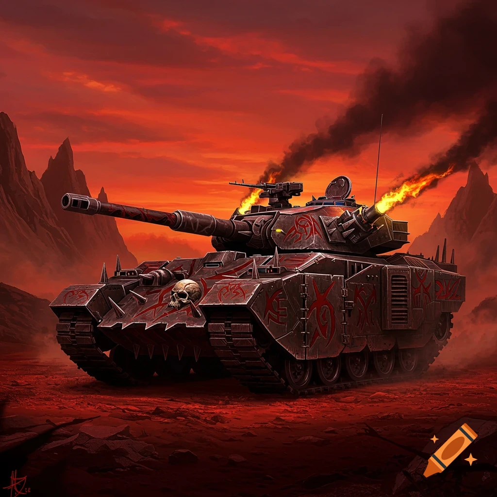 A heavy metal style tank with a skull and red markings emits fire and smoke in a desolate, red, mountainous landscape.