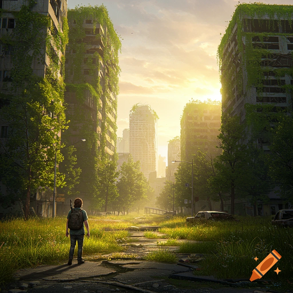 A lone figure walks through an overgrown, ruined city at sunset, reminiscent of The Last of Us video game.