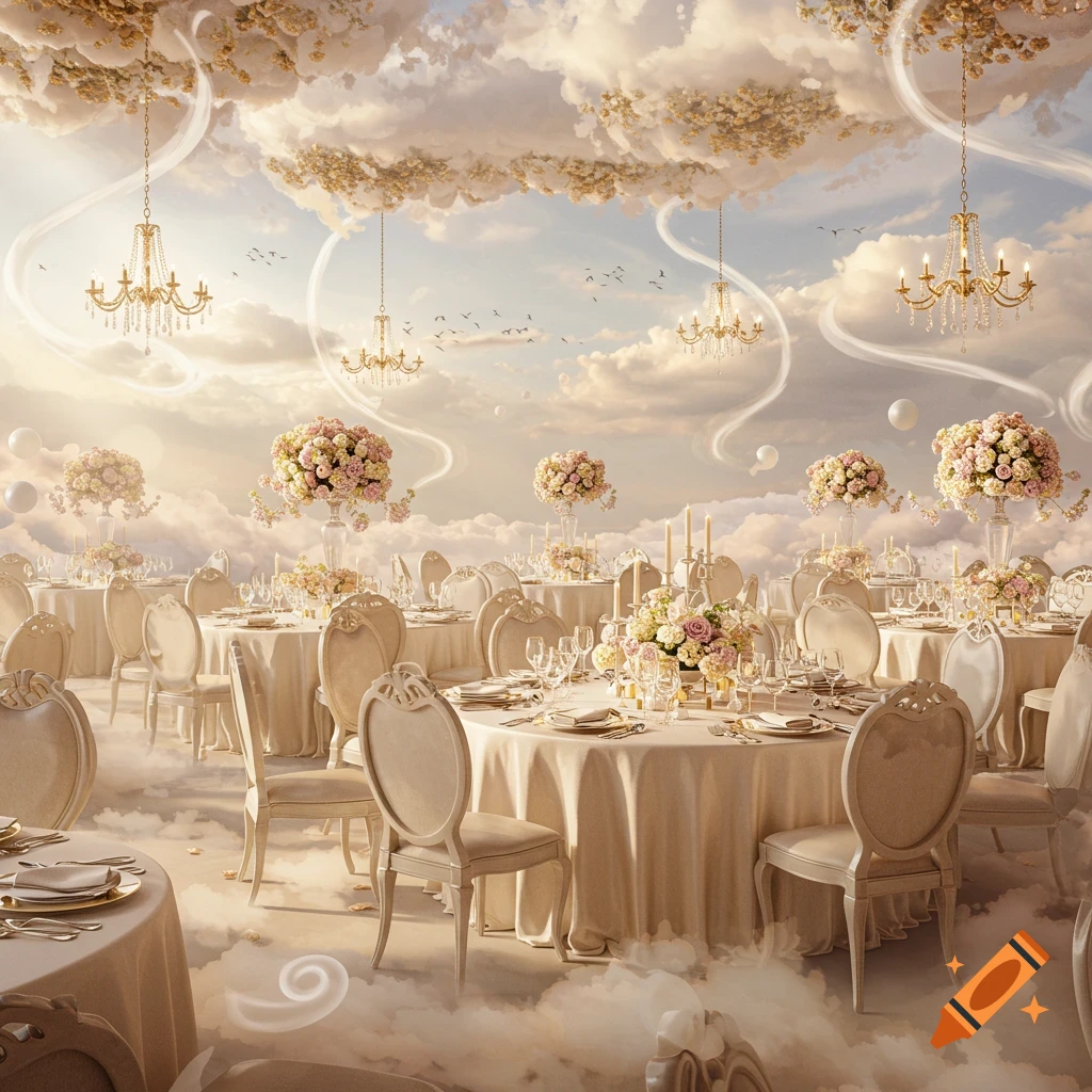 An ethereal wedding banquet set among fluffy clouds with elegant tables, golden chandeliers, and large floral centerpieces.