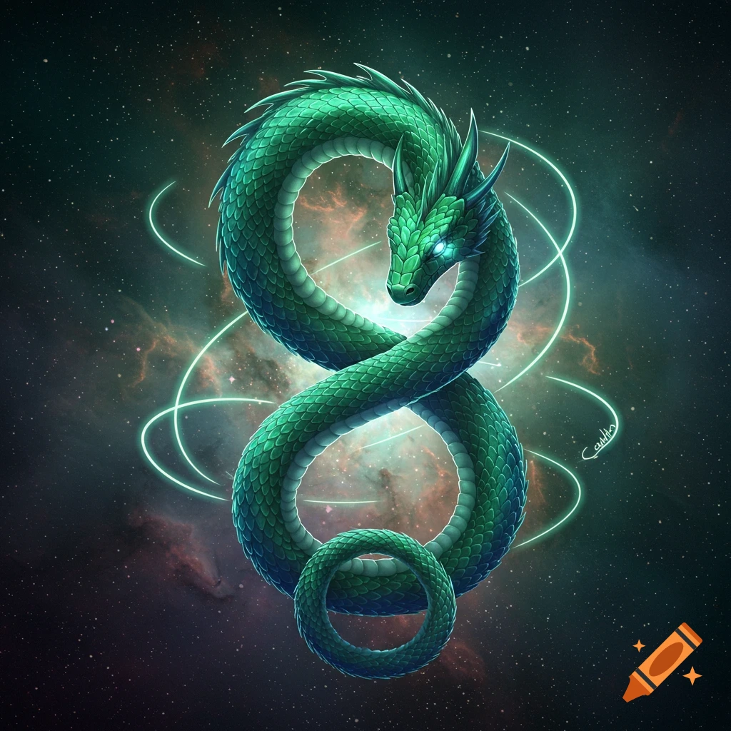 A vibrant green dragon forms an infinity symbol, glowing with bioluminescence against a dark, star-filled cosmic background with nebulae.