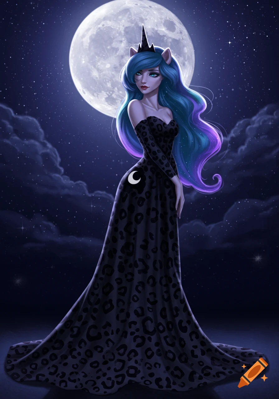 Stylized Princess Luna in a black leopard print dress standing under a full moon in a starry night sky, digital art.