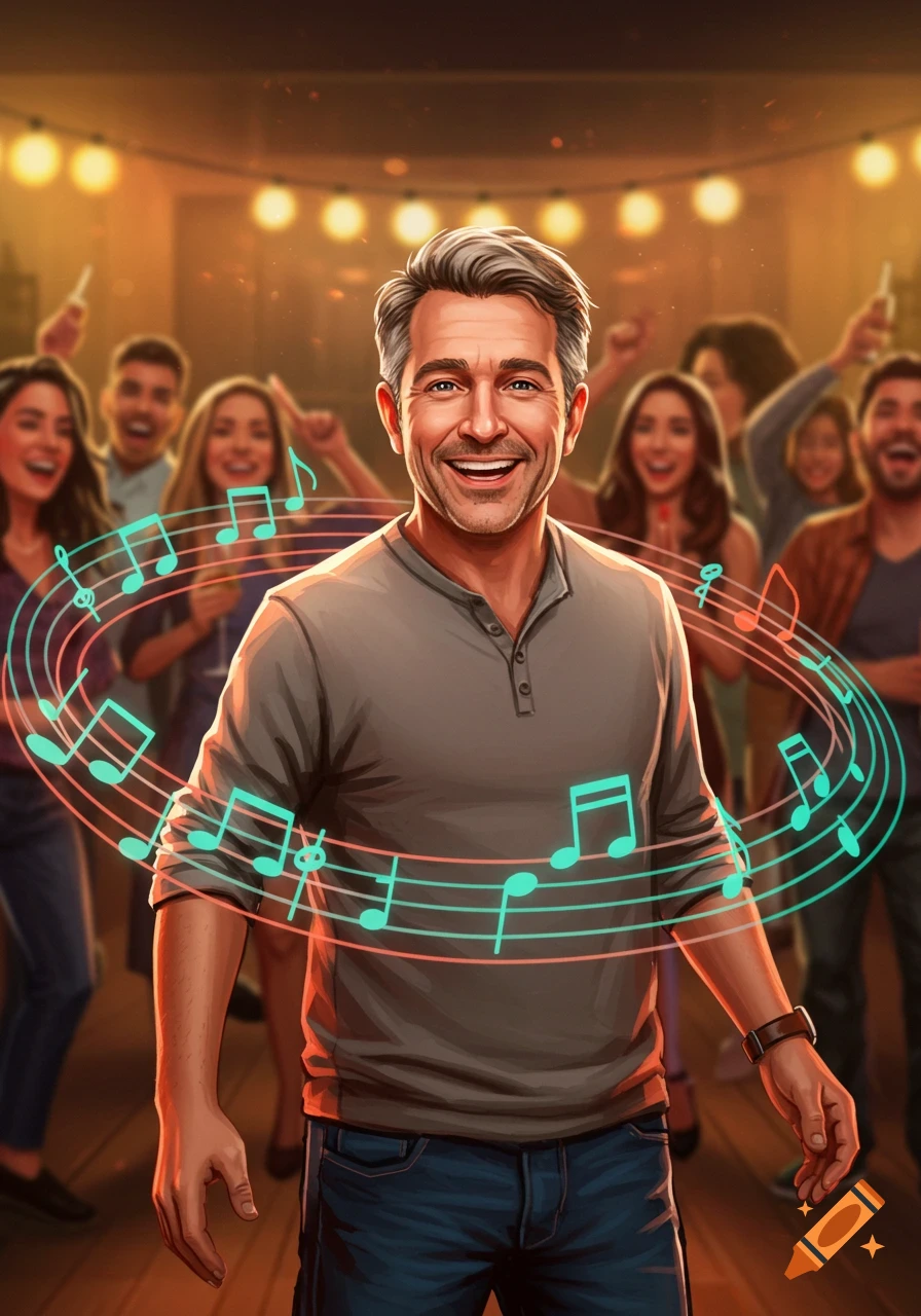 A smiling man with gray hair stands in front of a blurred party crowd, surrounded by glowing musical notes, in an illustrative style.
