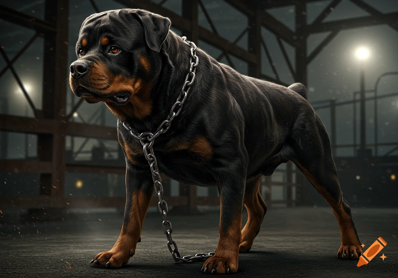 A muscular Rottweiler with a metal chain collar stands in a dark, industrial setting.