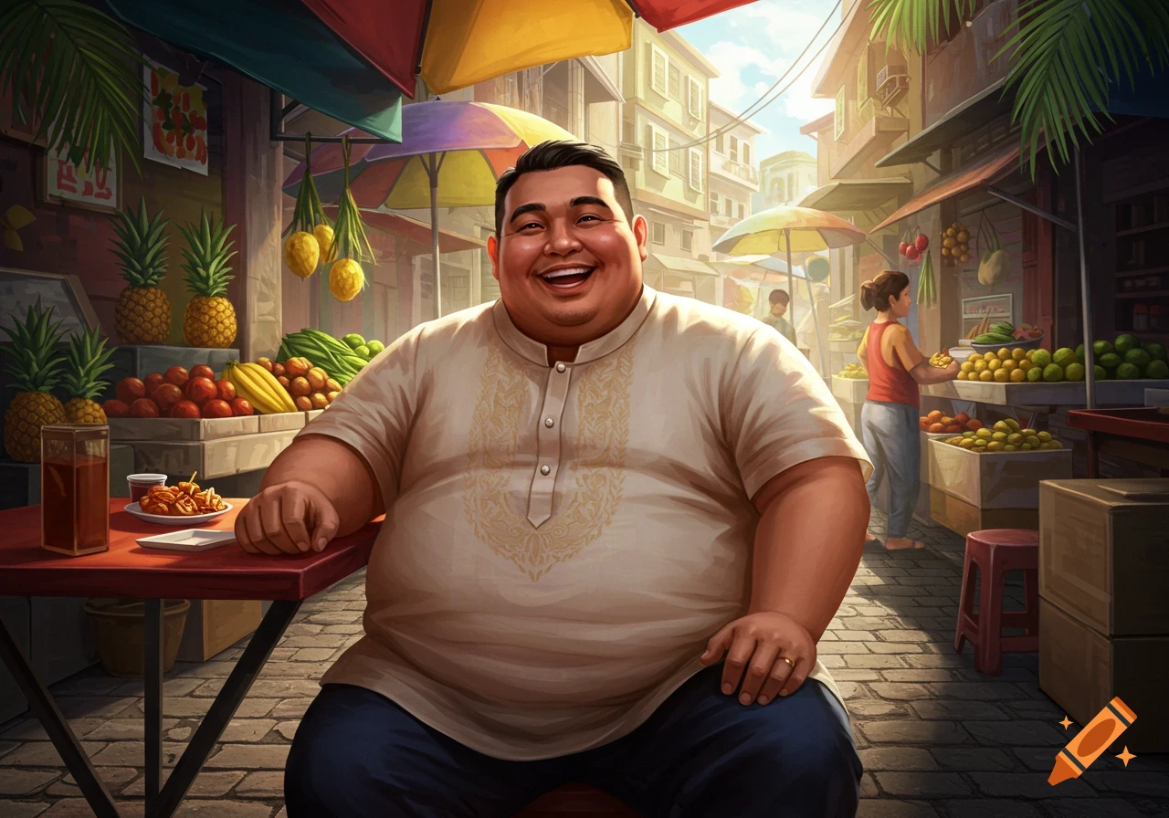 A smiling, obese Filipino man sits at a red table in a vibrant outdoor market with fruit stalls, rendered in an illustration style.