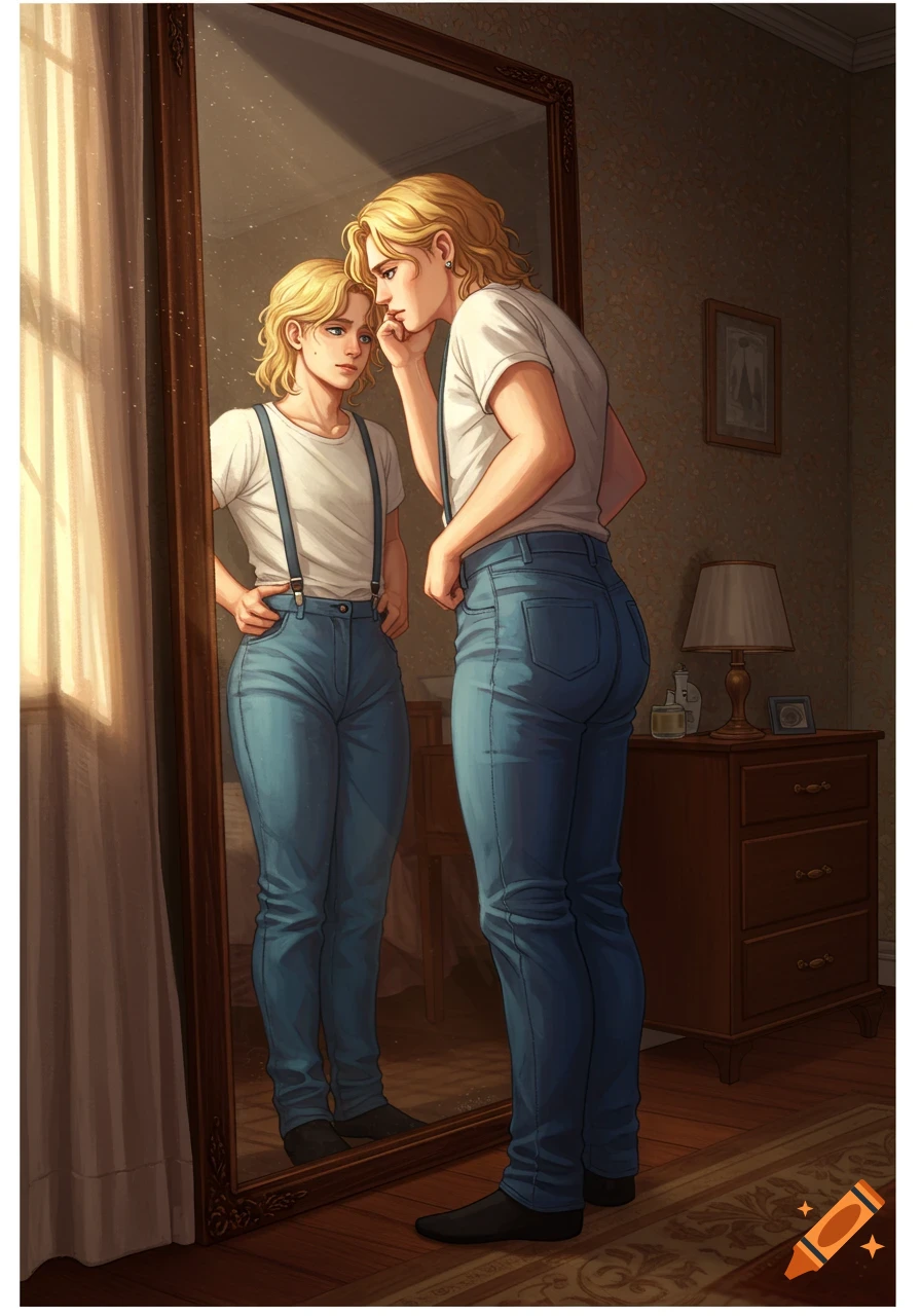 An anime blond femboy in a white t-shirt, blue jeans, and suspenders, gazes thoughtfully at his reflection in a full-length mirror in a bedroom.
