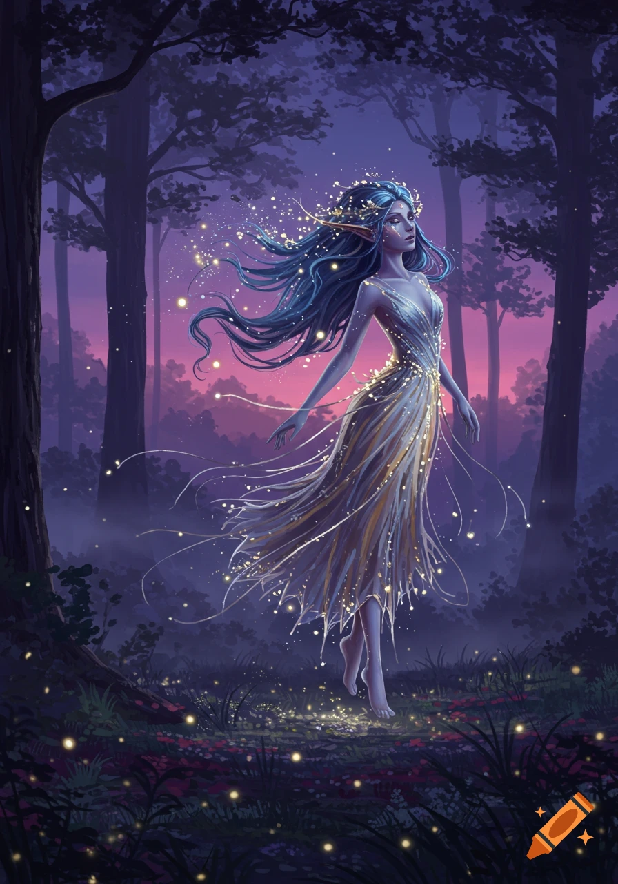 A beautiful blue-haired fairy with pointed ears and a flowing white and gold dress stands in a magical, glowing forest at dusk.