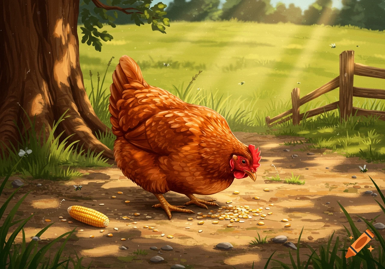An illustrated brown chicken pecking corn on a sunny farm path next to a tree and a wooden fence.