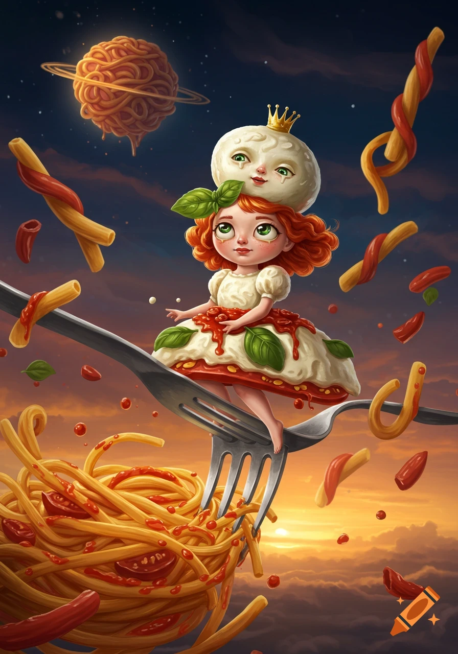 A whimsical illustration of a girl with a mozzarella headpiece and a pasta dress, riding a giant fork above a sky with a spaghetti planet and floating pasta at sunset.