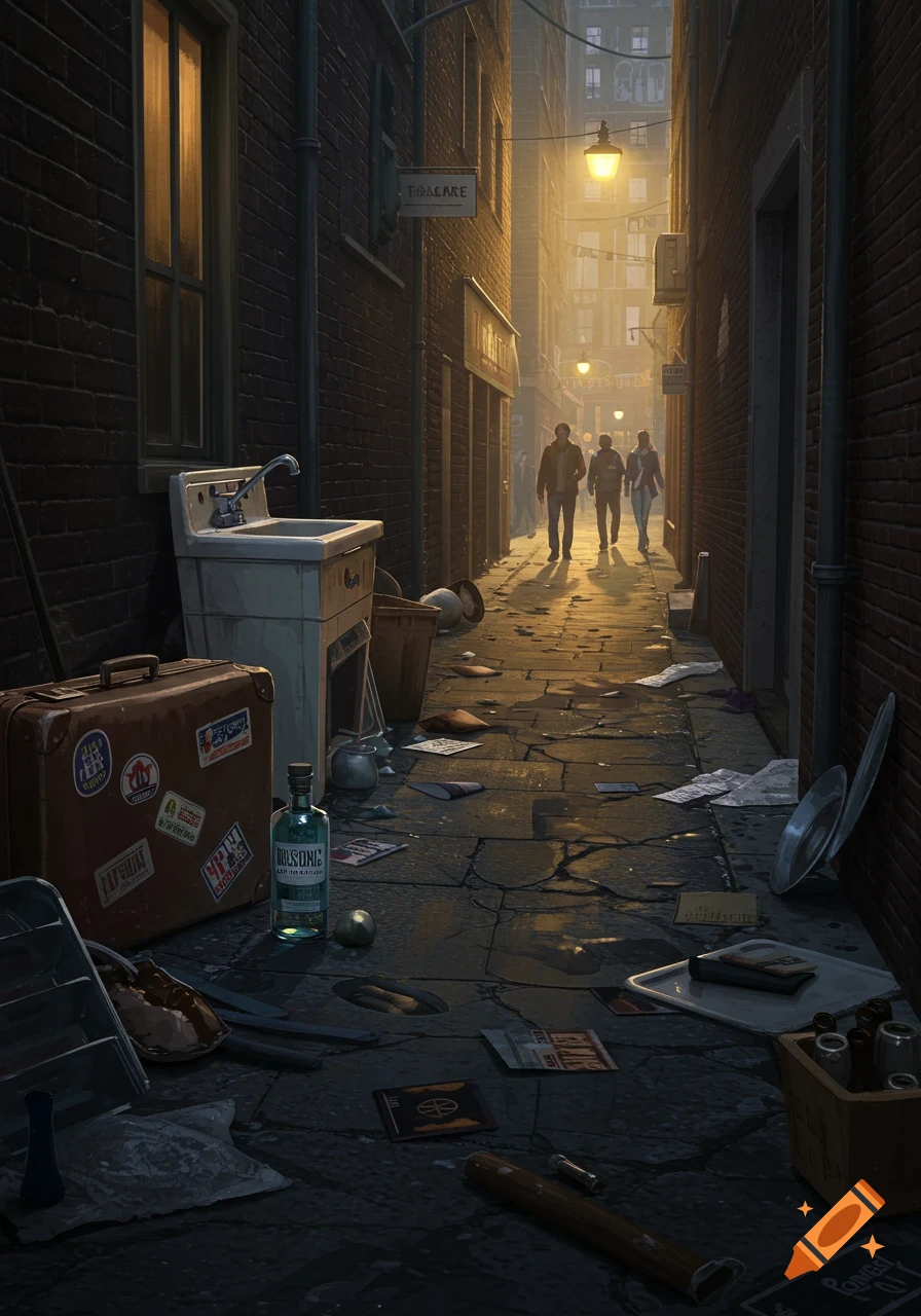 A dimly lit, narrow city alley at dusk, cluttered with a sink, suitcase, and bottle, as three figures walk towards the glowing street lights in the distance.