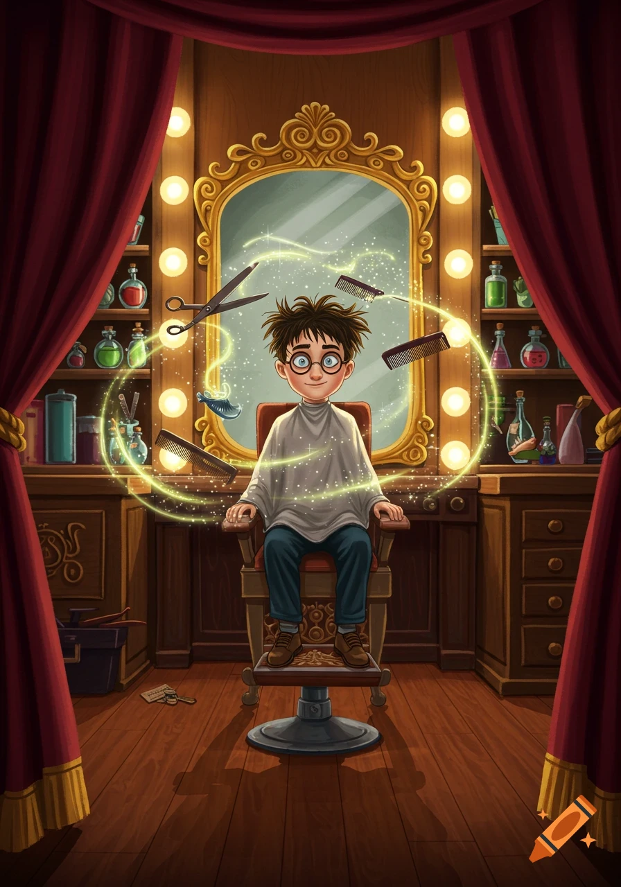 A young boy with messy hair sits in a barber chair as magical glowing tools, combs, and scissors float around him in a whimsical barber shop.
