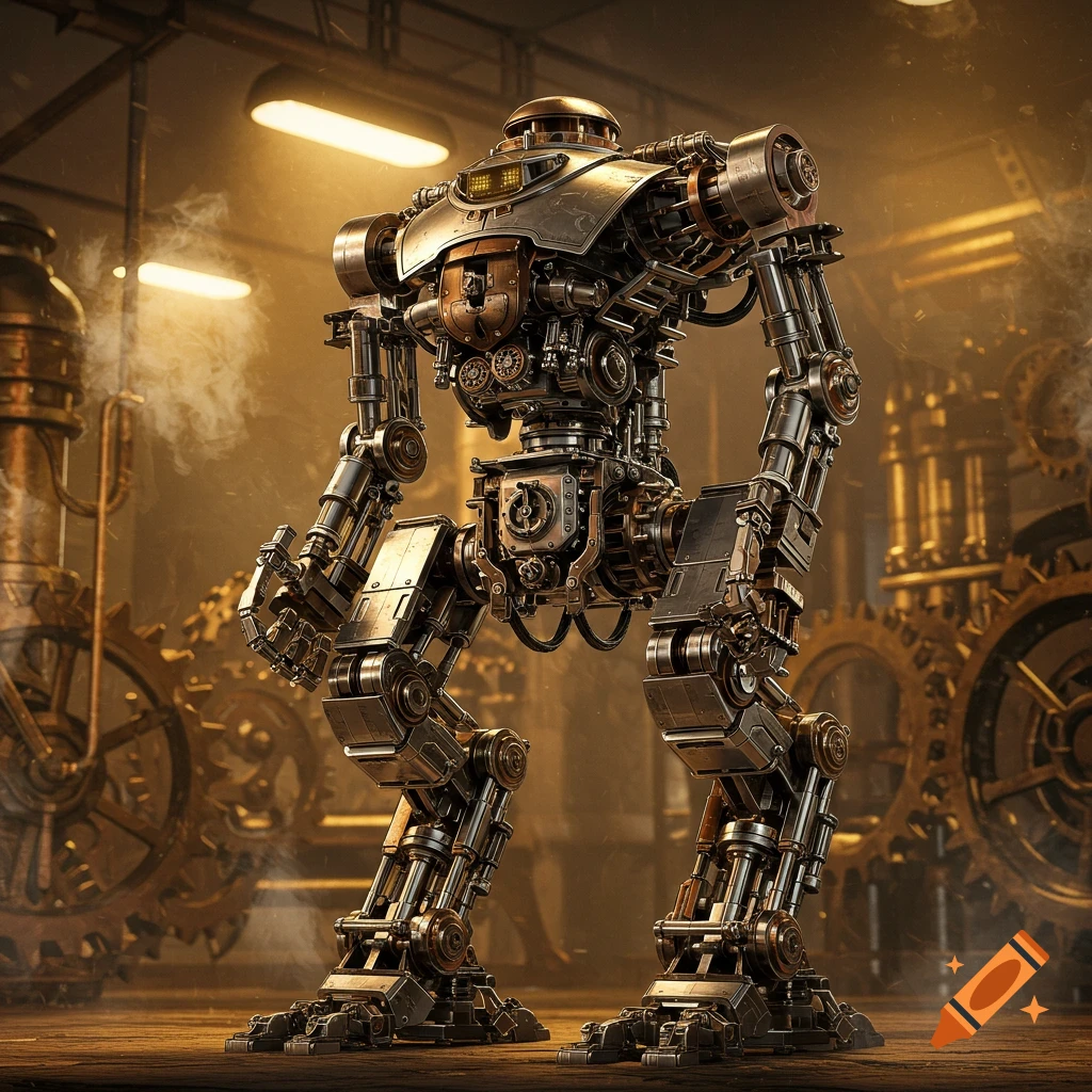A highly detailed, photorealistic steampunk robot stands in an industrial workshop filled with gears and steam.