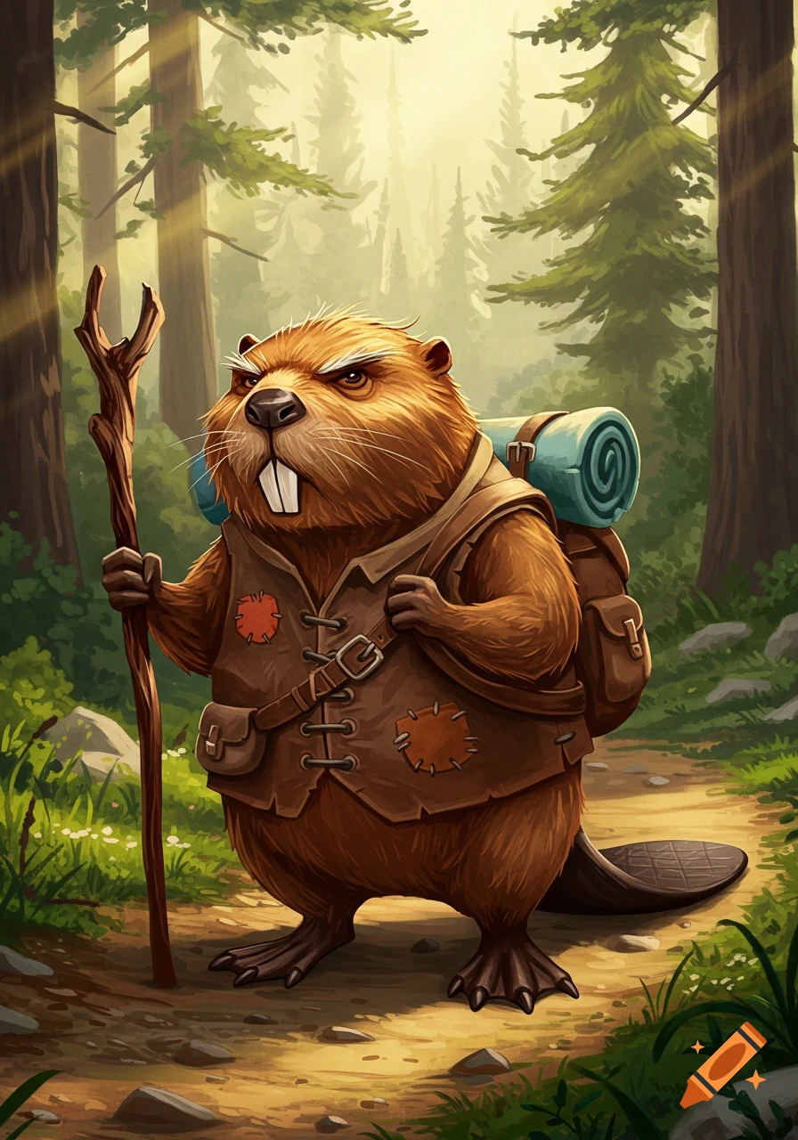 A grumpy, anthropomorphic beaver traveler with a backpack and walking stick stands on a forest path, looking forward.