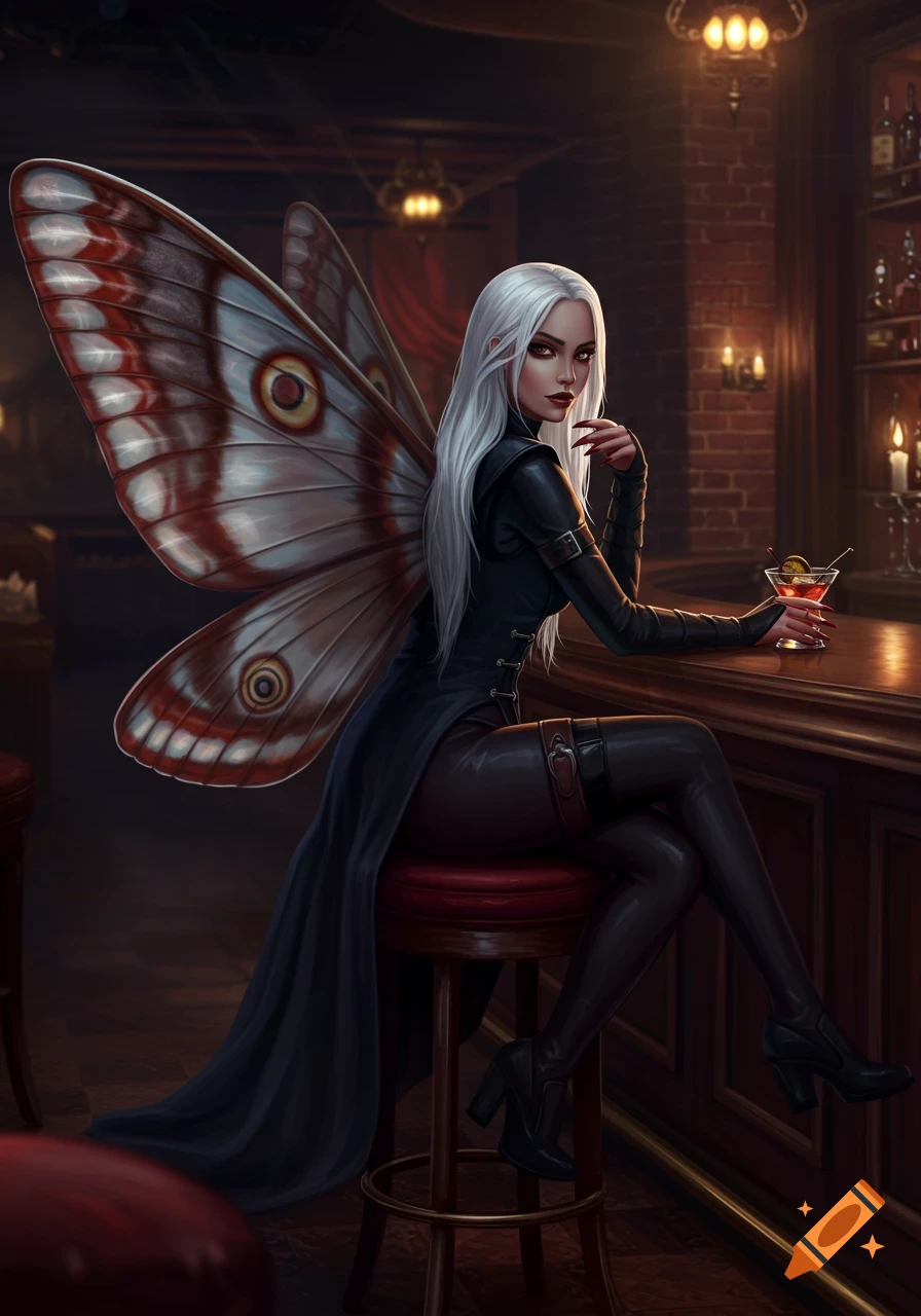 A female character with long white hair and large moth wings sits at a dim bar, holding a red cocktail, looking at the viewer.