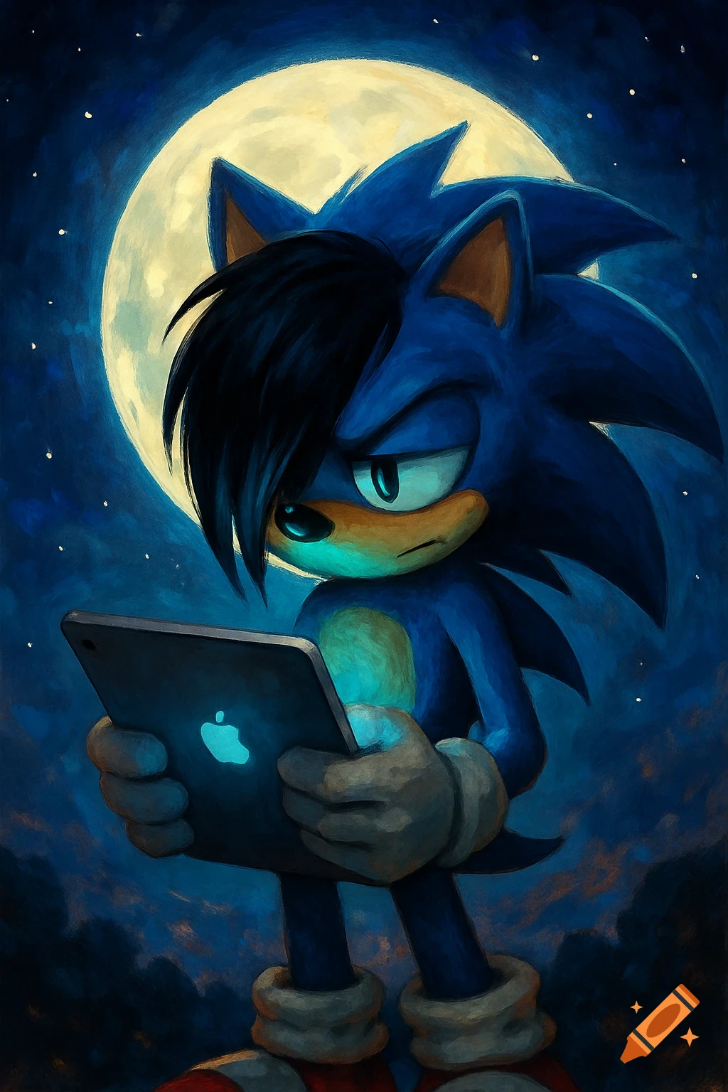 Emo Sonic, with a black haircut, holds a glowing iPad under a large moon in a dark, starry night sky, digital painting.