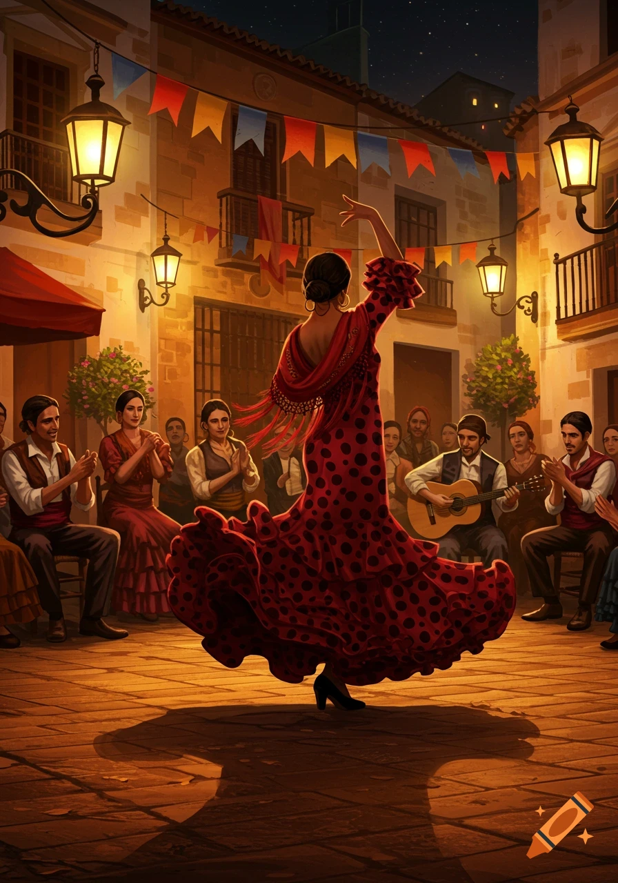A flamenco dancer in a red polka-dot dress performs in a bustling town square at night, with musicians and an audience.