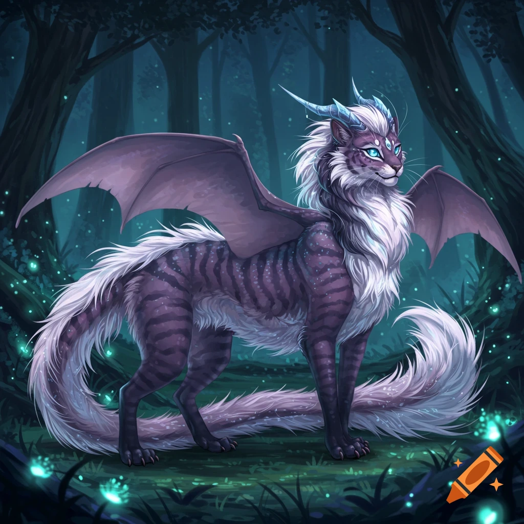 A majestic purple and white striped winged cat-like creature with horns stands in a dark fantasy forest.