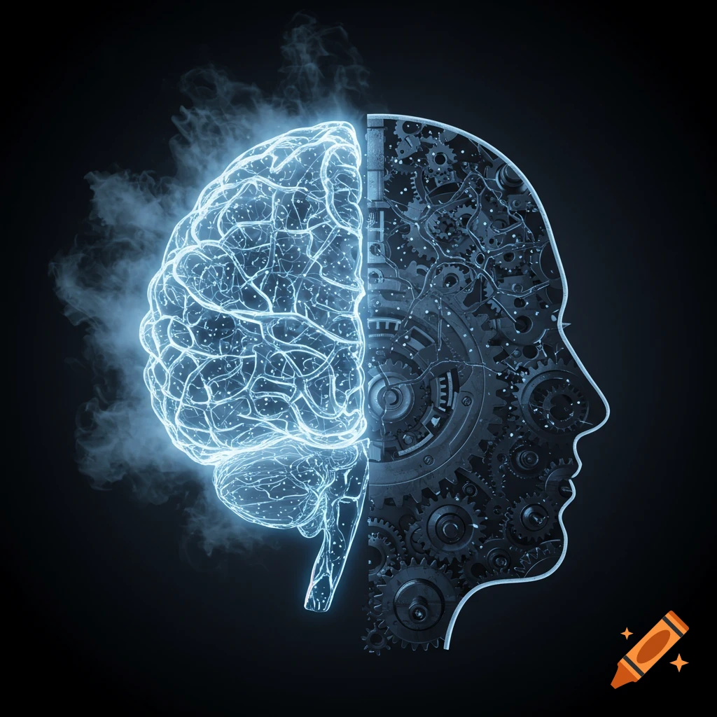 A human head silhouette split, showing a glowing brain on one side and intricate mechanical gears on the other.