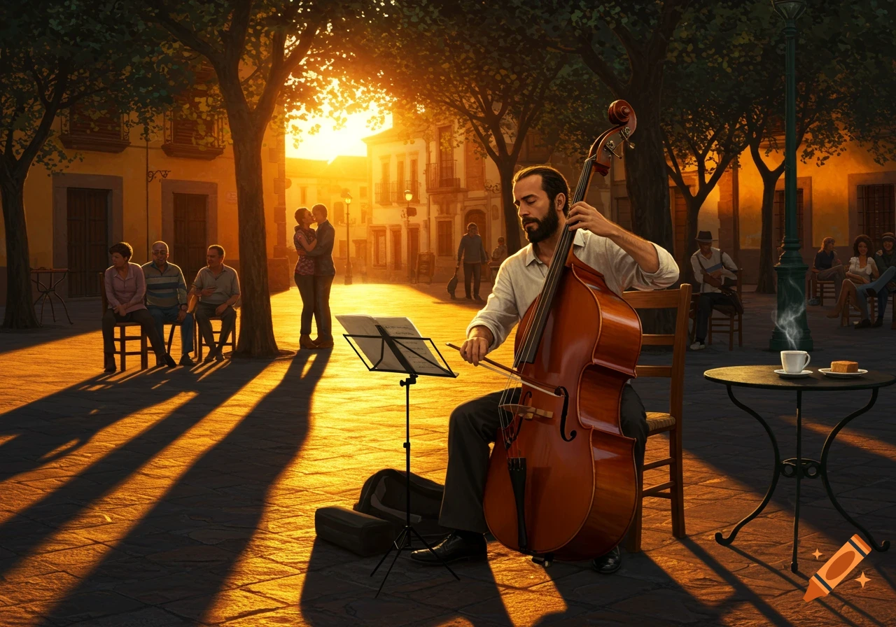 A bearded musician plays a double bass in a sunlit plaza at sunset, with people listening and a couple embracing in the background.