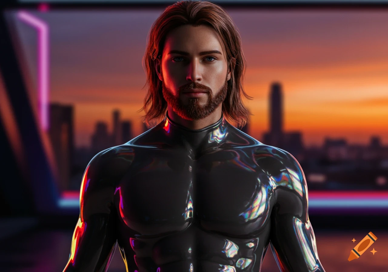 A photorealistic portrait of a man with a beard and long hair in a shiny, skin-tight suit, set against a blurred city sunset.
