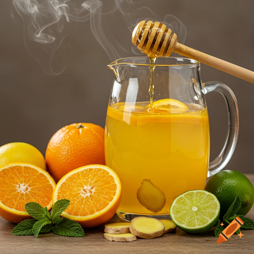 A steaming pitcher of honey citrus ginger tonic, with honey drizzled from a dipper, surrounded by fresh citrus, ginger, and mint.