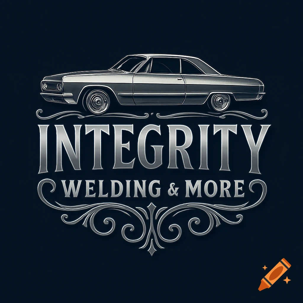 Silver and white logo featuring a classic lowrider car above stylized text 'INTEGRITY WELDING & MORE' with flourishes on a dark background.