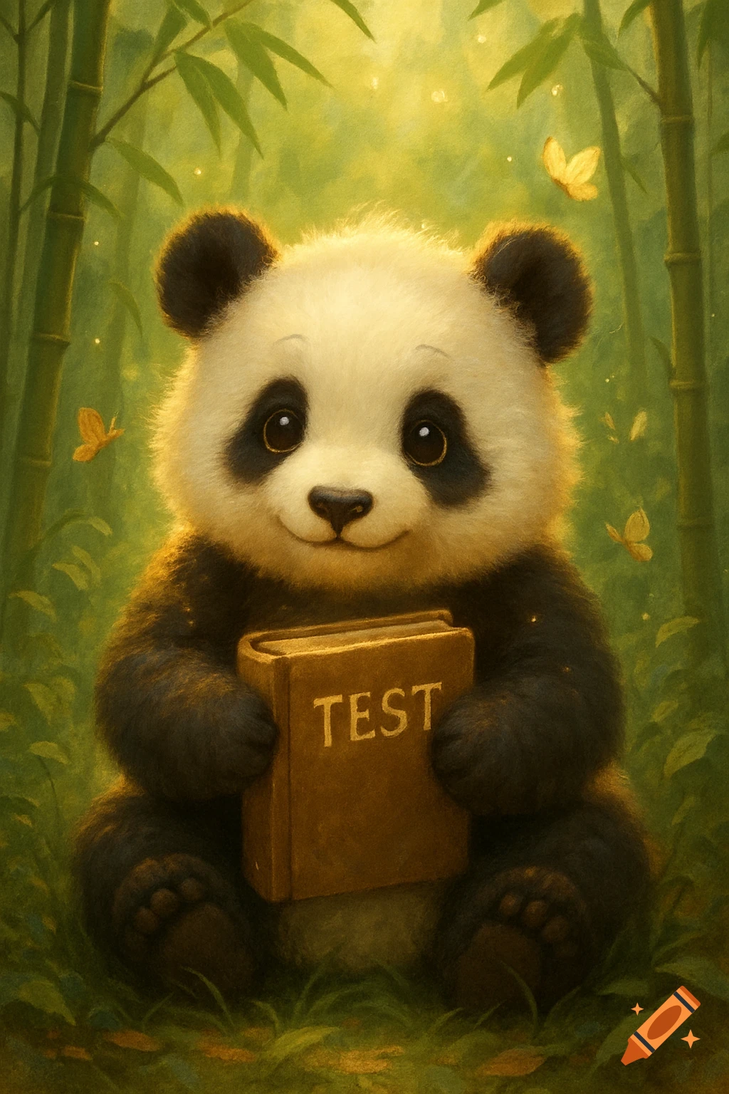 A cute baby panda sits in a glowing bamboo forest, holding a brown book with "TEST" written on it.