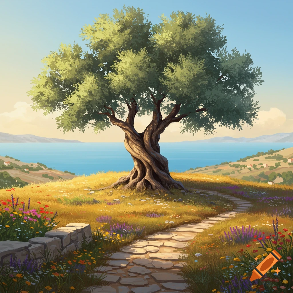 A winding stone path leads up a grassy, wildflower-covered hill to a large olive tree overlooking a blue sea and distant mountains.
