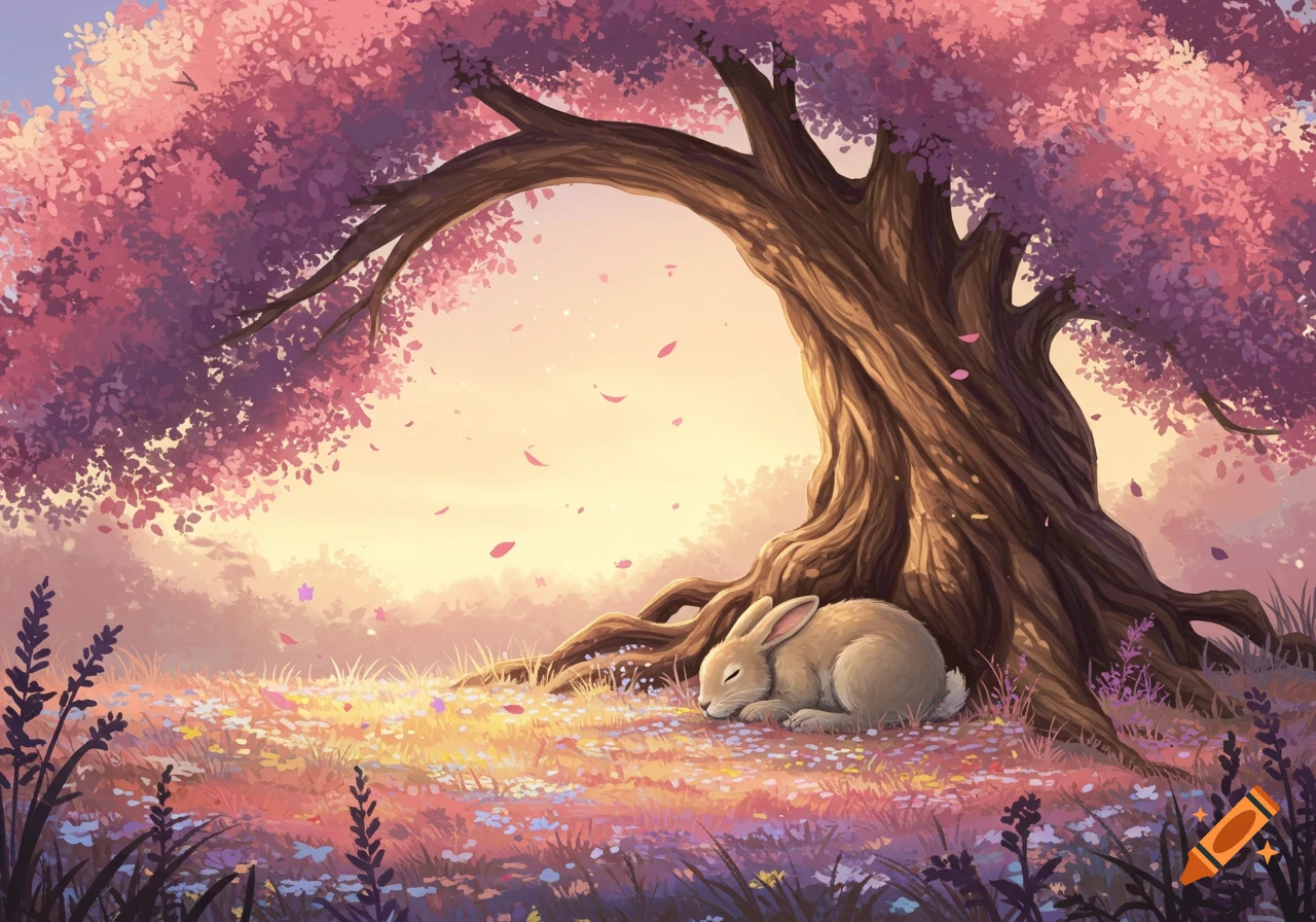 A sleeping rabbit rests under a large cherry blossom tree with pink petals in a field of colorful wildflowers, rendered in a soft illustration.
