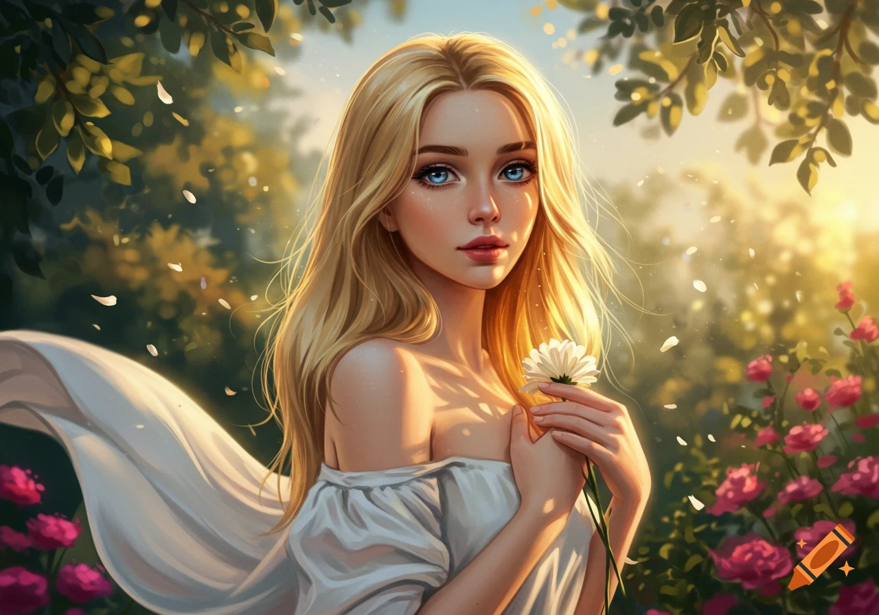 A digitally painted blonde woman with blue eyes holds a white flower in a sunlit fantasy garden with pink roses.