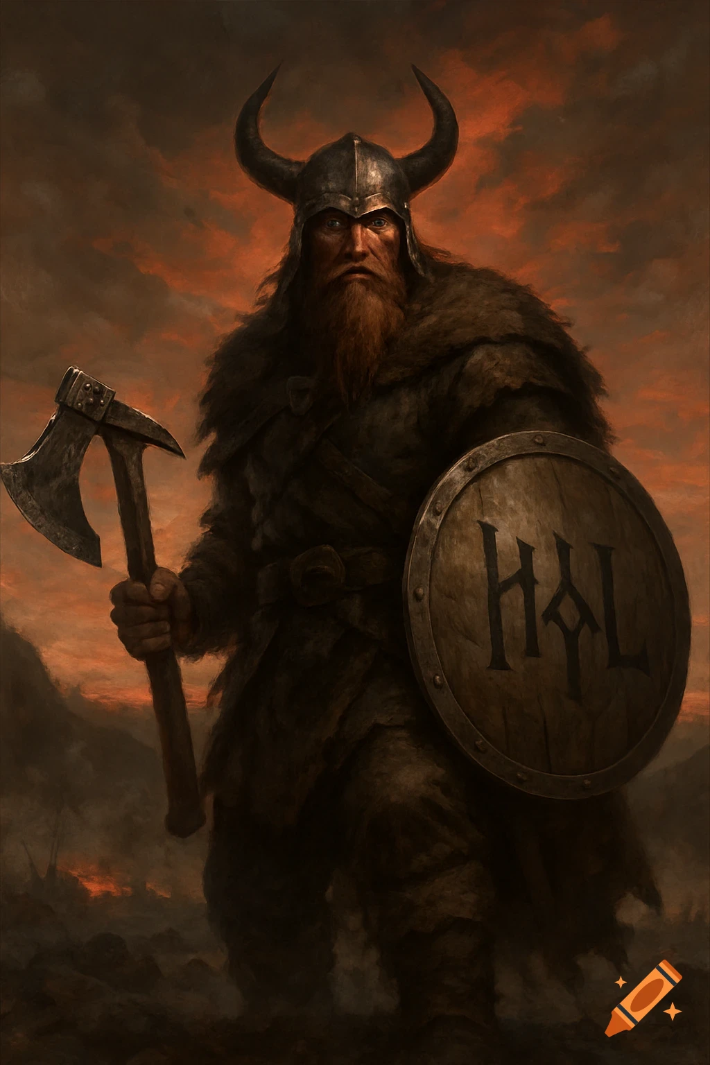 A fierce Viking warrior with a horned helmet, red beard, axe, and shield, stands on a dark battlefield under a fiery sky.