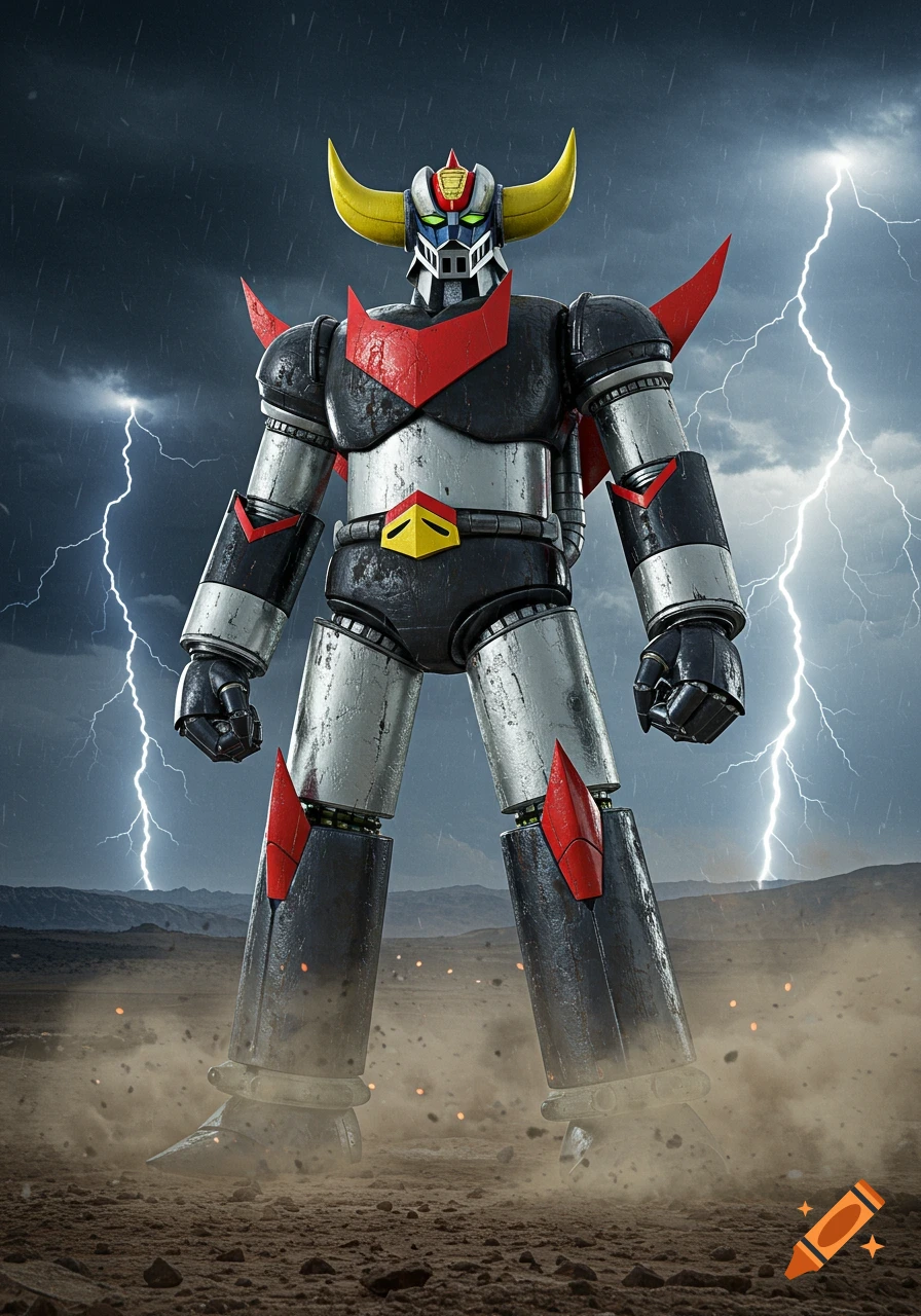 A hyper-realistic Goldorak robot stands powerfully in a stormy, dusty landscape with lightning striking behind it.