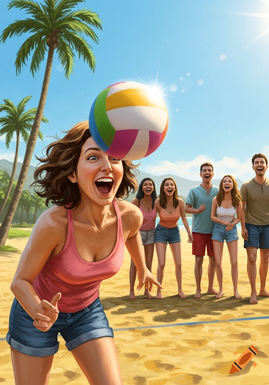 A group of cheerful people playing volleyball on a sunny beach. A woman in the foreground looks surprised as a colorful volleyball approaches her face.