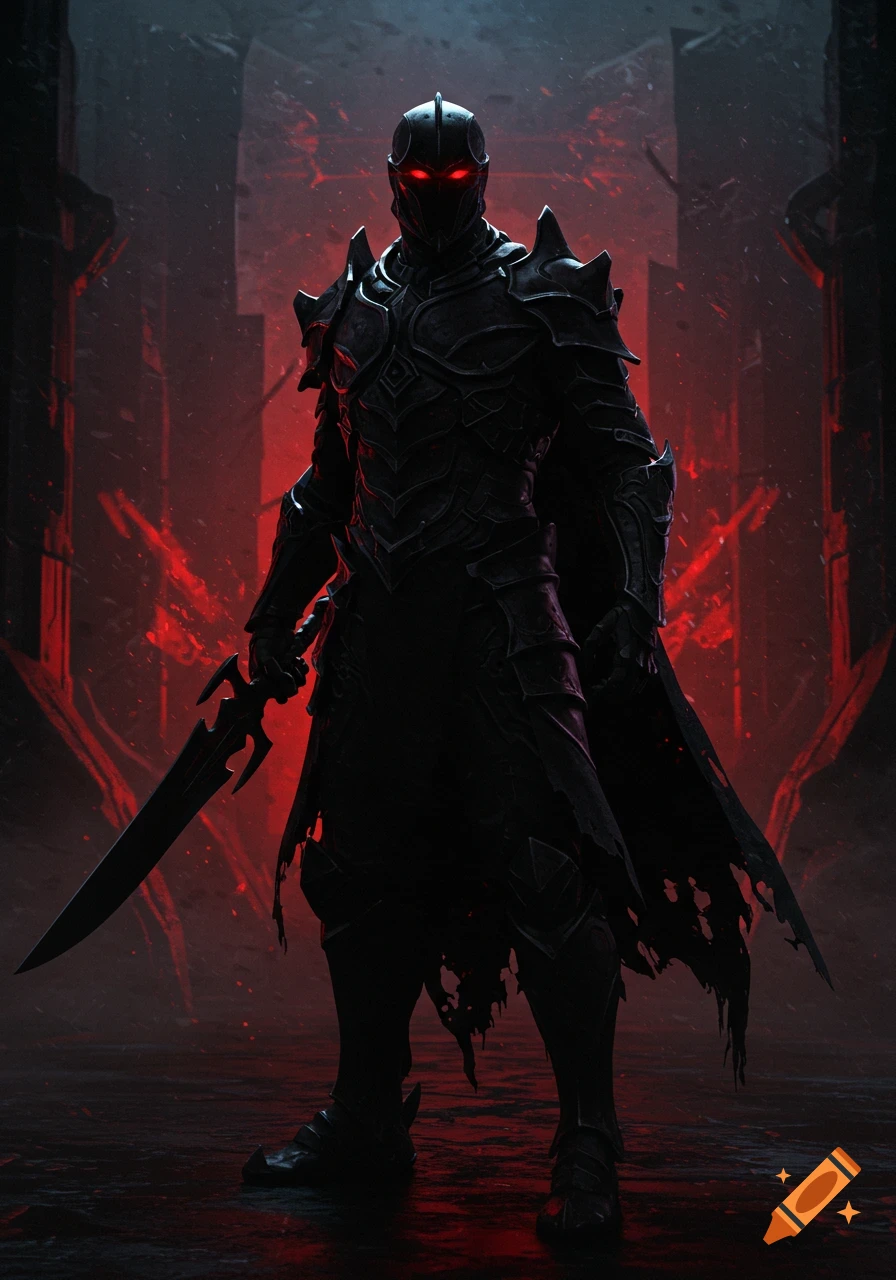 A dark knight in elaborate black armor with glowing red eyes stands holding a sword in a red-lit fantasy environment.