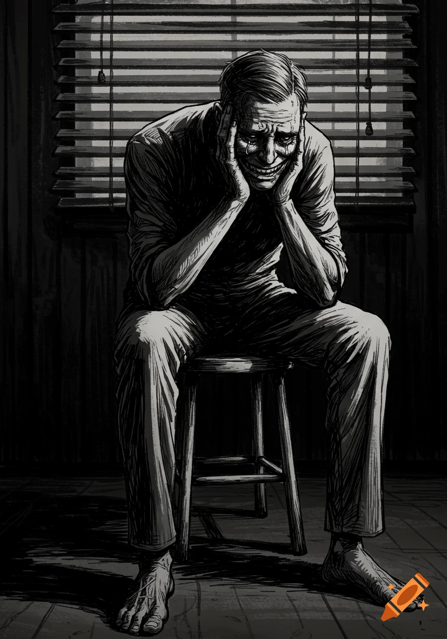 Monochromatic sketch of a crying man with a grotesque, forced smile, sitting on a stool in a dark room.