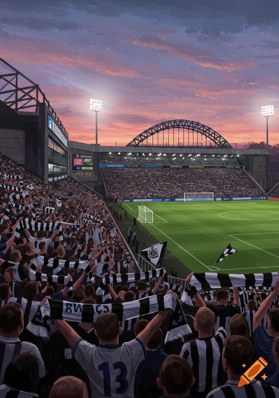 An illustrated view of a football stadium packed with fans waving scarves at sunset.