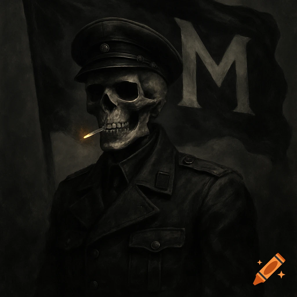 A dark, painterly image of a skeleton in a military uniform and peaked cap, smoking a cigarette, against a black flag with a large letter 'M'.