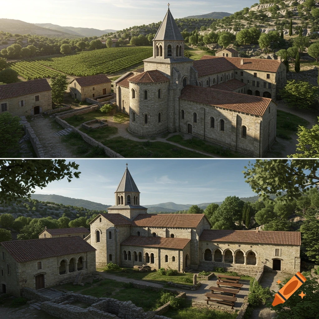 A photorealistic render of a stone Romanesque abbey with a bell tower and red-tiled roofs, set in a green valley with vineyards.
