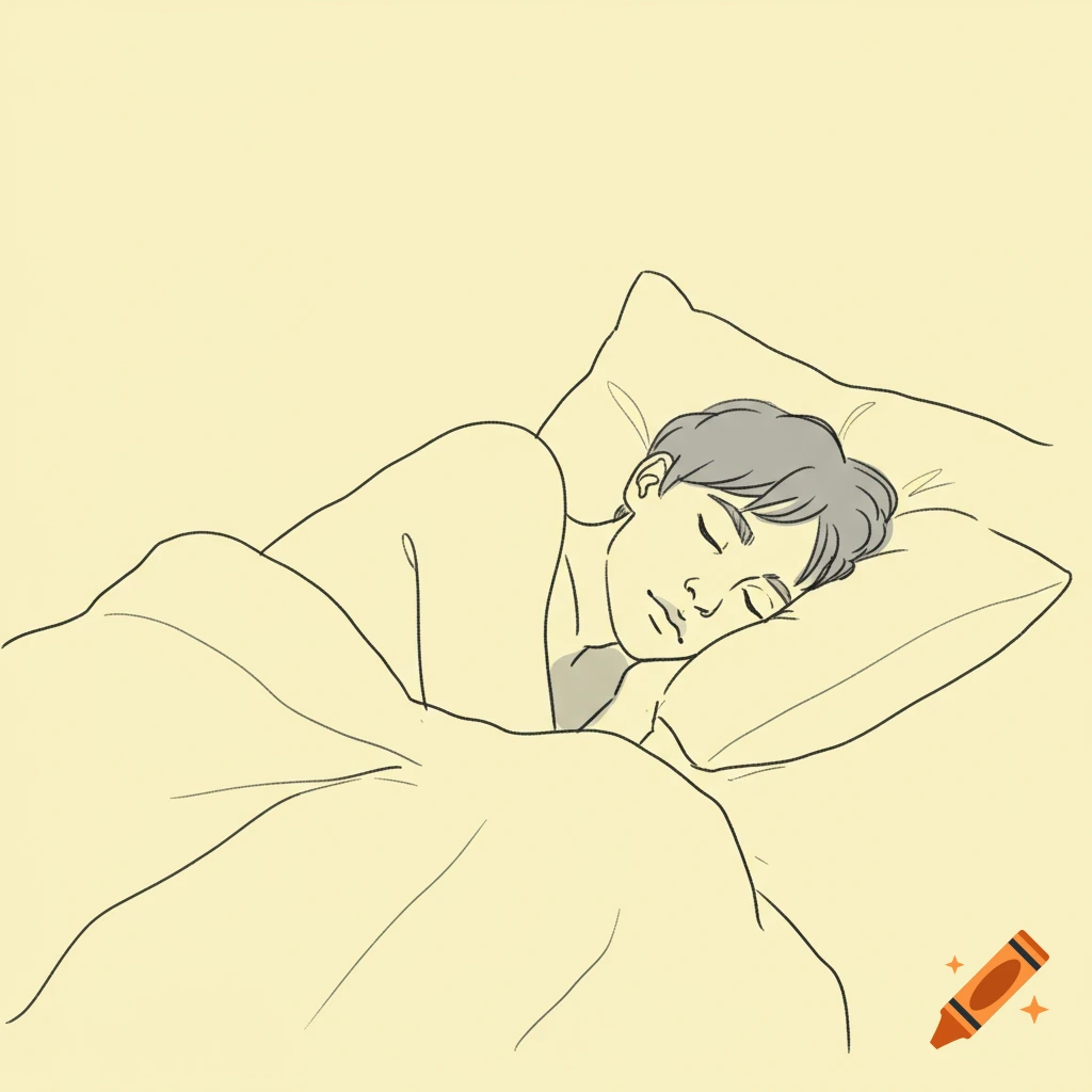 A minimalist naive line drawing depicts a person with gray hair sleeping peacefully on their side under covers, on a pale yellow background.