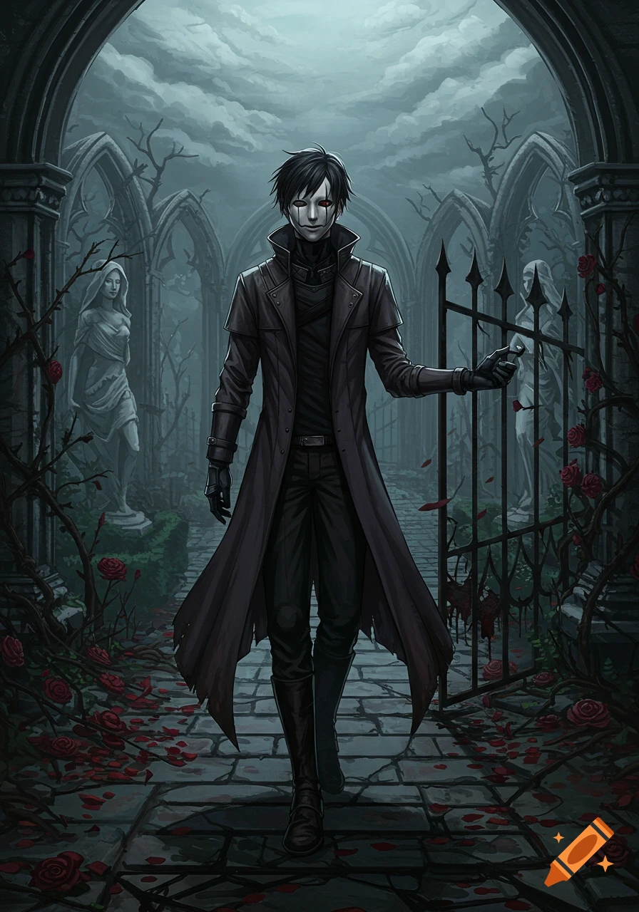 Anime-style masked figure in long coat at a gothic gate in an overgrown garden with dead roses, dark sky.