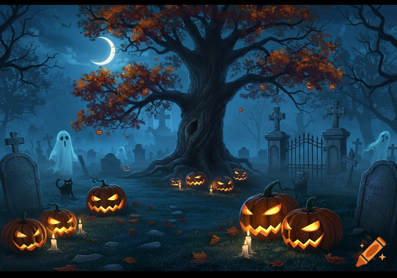 Stylized Halloween graveyard scene at night with glowing jack-o'-lanterns, ghosts, black cats, and a large autumn tree under a crescent moon.