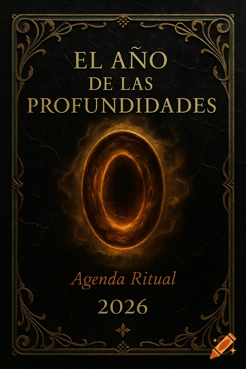A dark, ornate book cover with a gold filigree border and a glowing orange oval portal at its center, titled 'El Año de las Profundidades'.