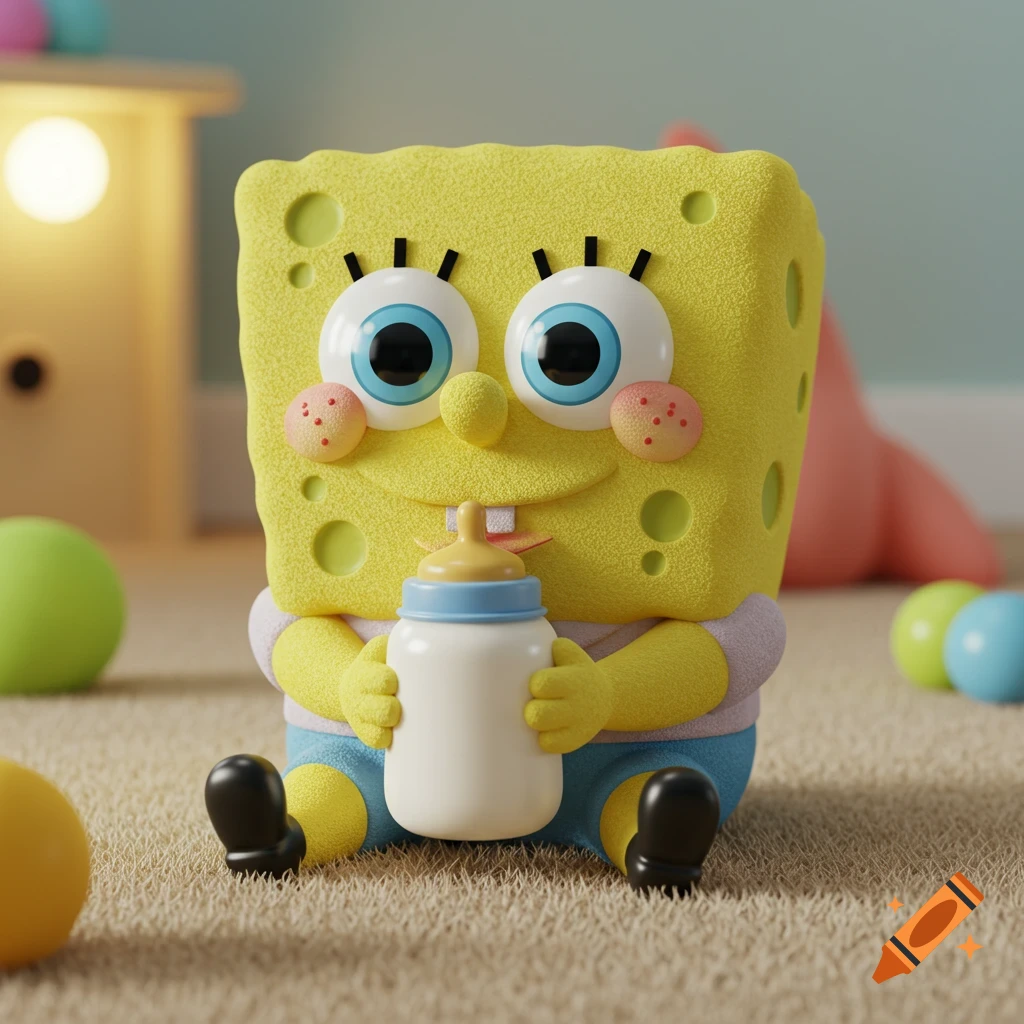 A 3D render of a baby SpongeBob plush sitting on a carpet, holding a baby bottle.