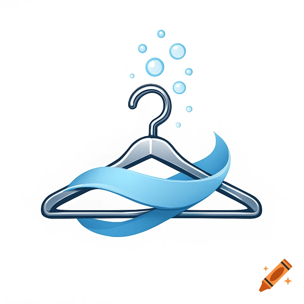 A clean, metallic clothes hanger with a swirling blue ribbon and bubbles, representing a laundry logo.