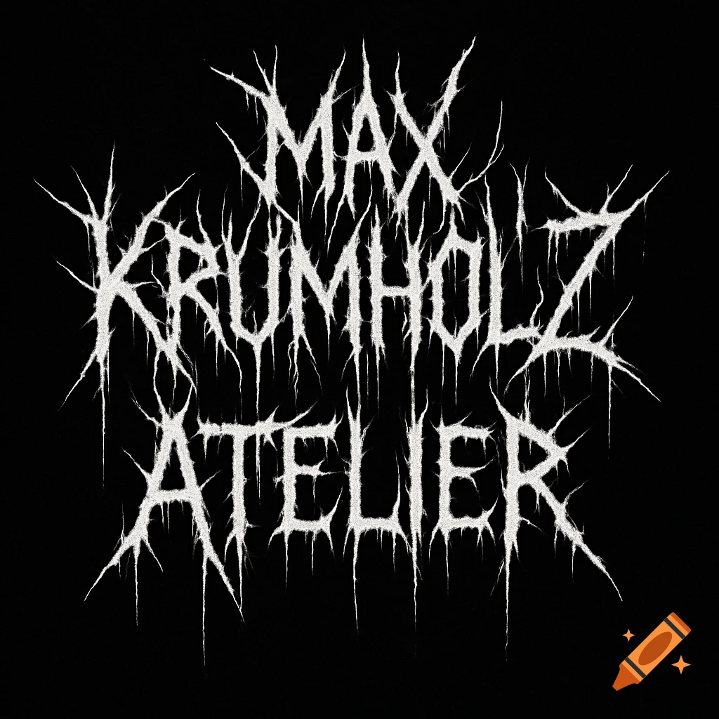 A white, spiky, chaotic black metal logo with the text "MAX KRUMHOLZ ATELIER" on a black background.