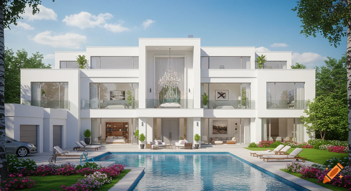 A grand, modern white luxury mansion with large windows, a swimming pool, and a well-maintained garden under a blue sky.